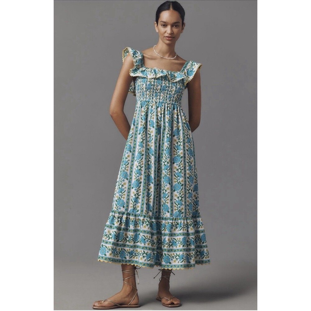Anthropologie Pink City Sleeveless Ruffled Midi Hibiscus Dress Size XS NWT
